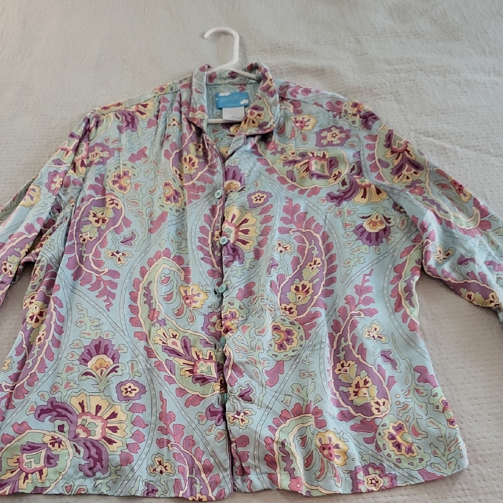 Nick & Nora Paisley Silk Pajamas Shirt - Pink and Green Sz XXL